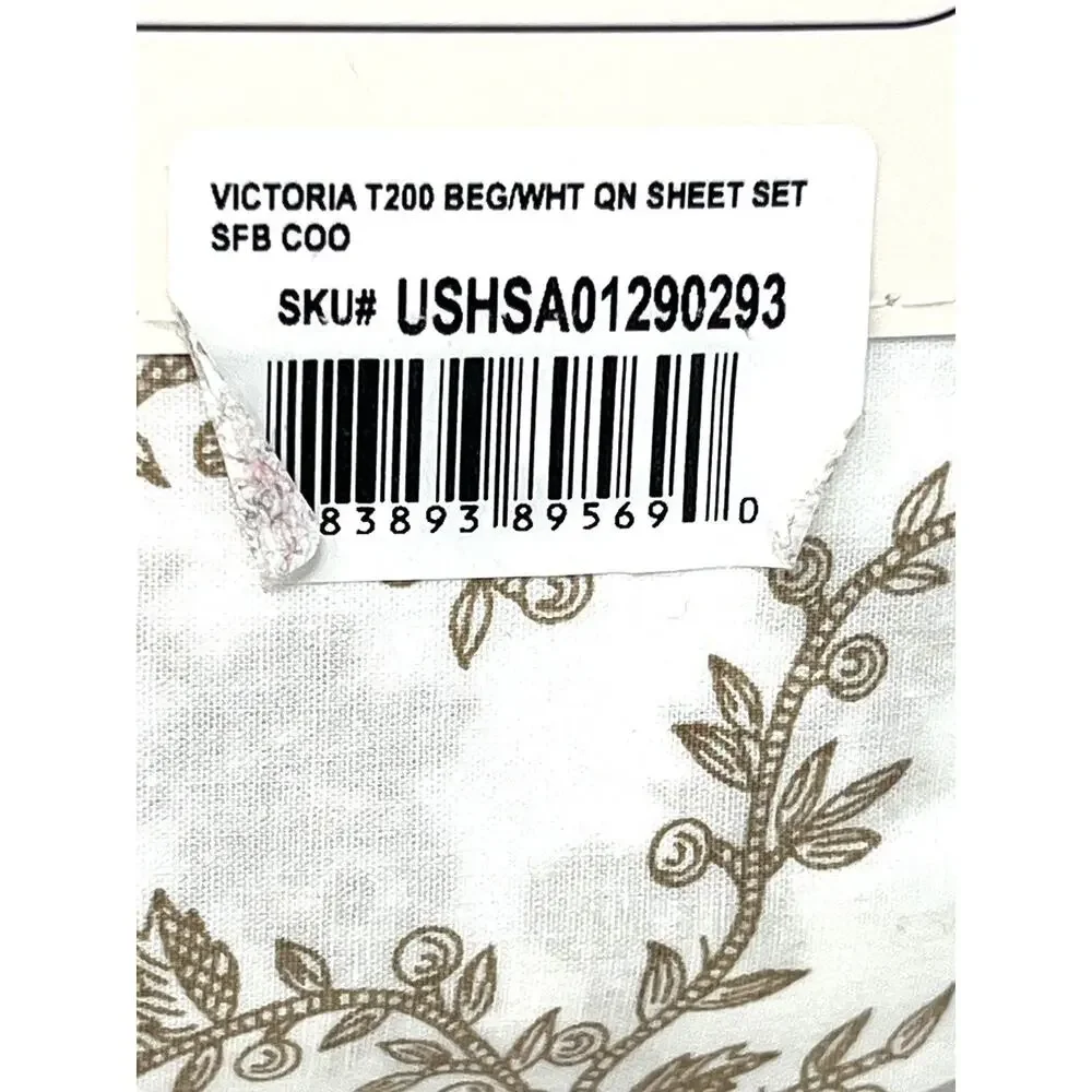 Laura Ashely Beige Tan White Floral Queen Sheet Set Cotton Percale NWT Victoria